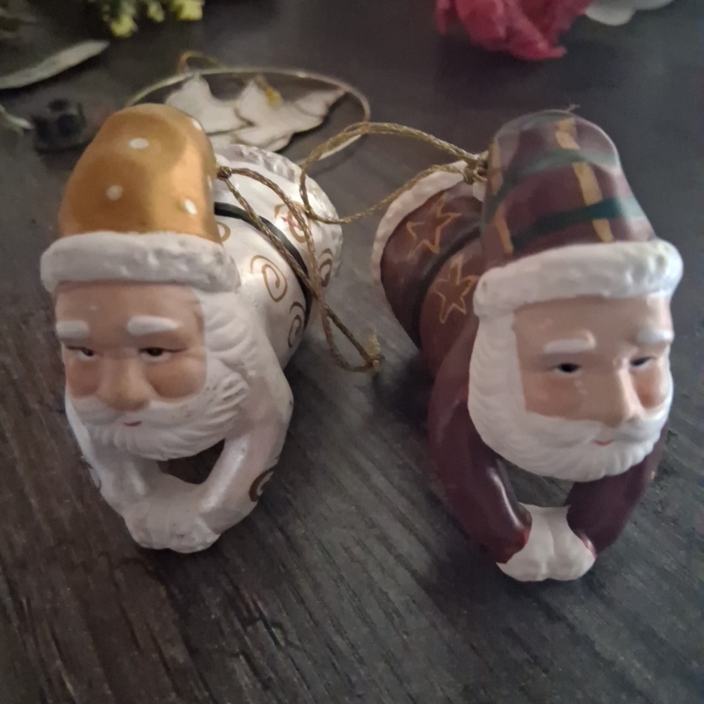 Pair Of Vintage Dept 56  Flyin Santa Ornaments